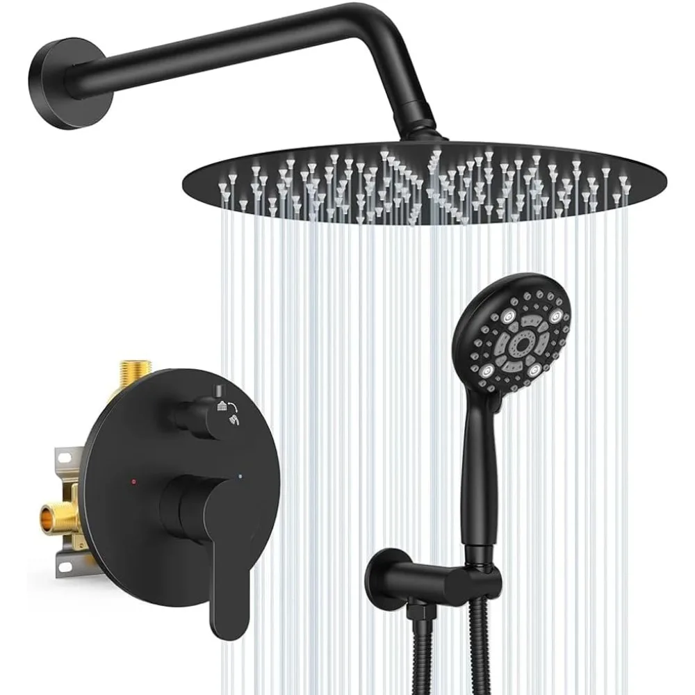 Black Shower System Rain Shower Faucet Set - 6 Setting High Pressure Handheld Shower Head Fixtures- Valve Included Shower