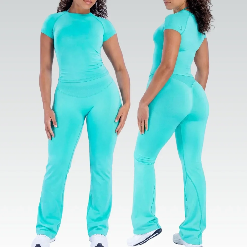 2Pieces Flare Leggings Set Short Sleeve Top Seamless Yoga Flared Pants Set Quick Dry Gym Clothes Workout Set Outfits Sports Suit