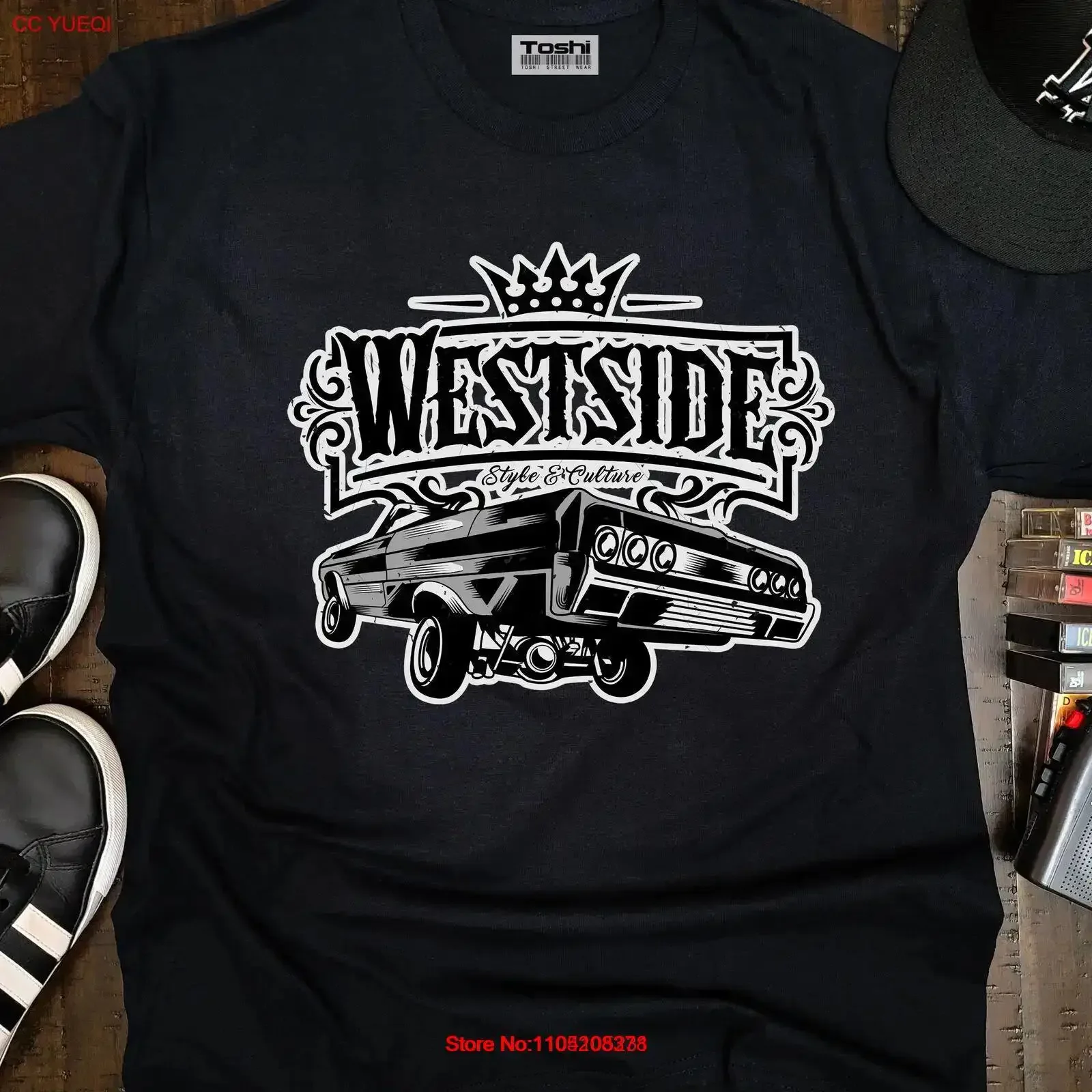 تي شيرت Westside Lowrider للبالغين Westcoast الهيب هوب الراب المدرسة القديمة عتيقة مغسولة للارتداء اليومي قليلاً للجنسين متعدد الاستخدامات #1