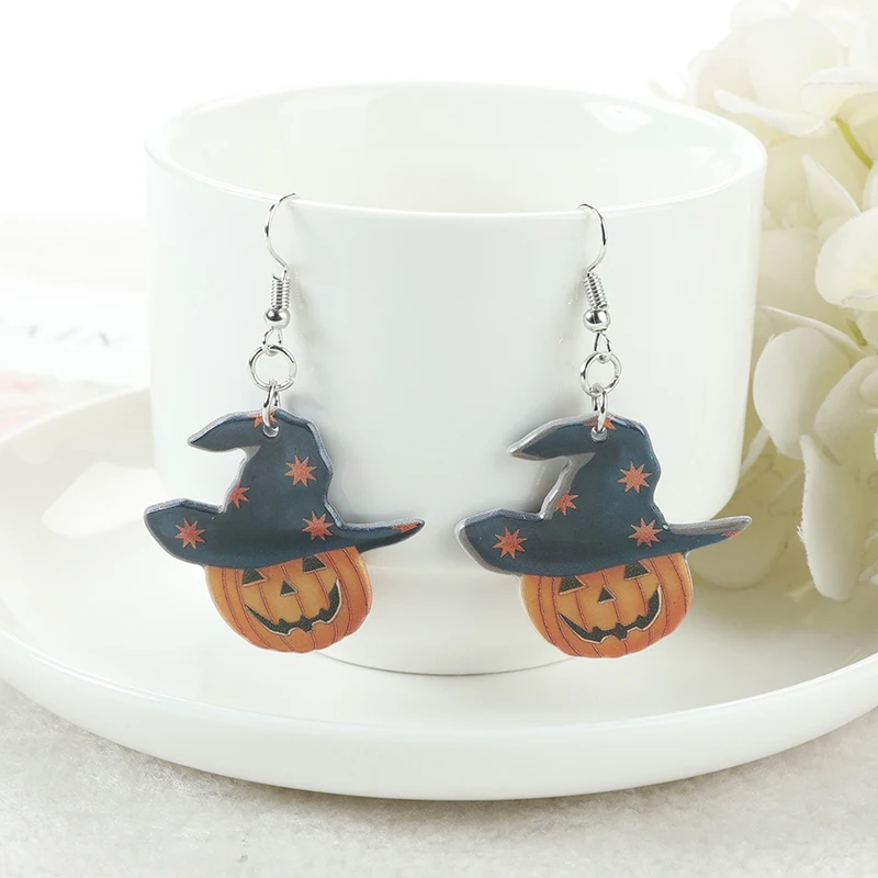 1 Pair Halloween Pumpkin Drop Earrings Acrylic Ghost Candy Cake Cannibal flower And Dog Flatback Jewelry Holiday Birthday Gifts image 4