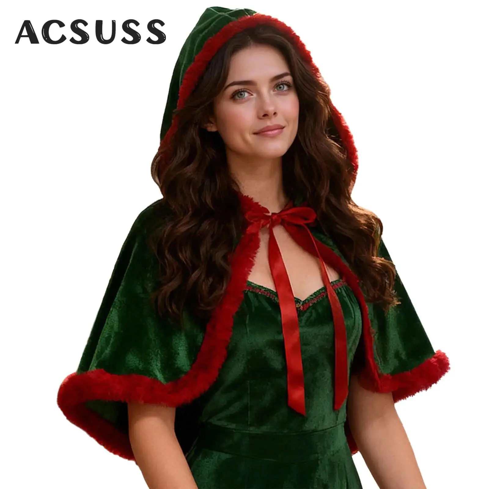 Christmas Hooded Cloak Shawl Women Santa Claus Costume Plush Trim Lace Up Velvet Cape Coat Halloween Xmas Party Cosplay Dress Up