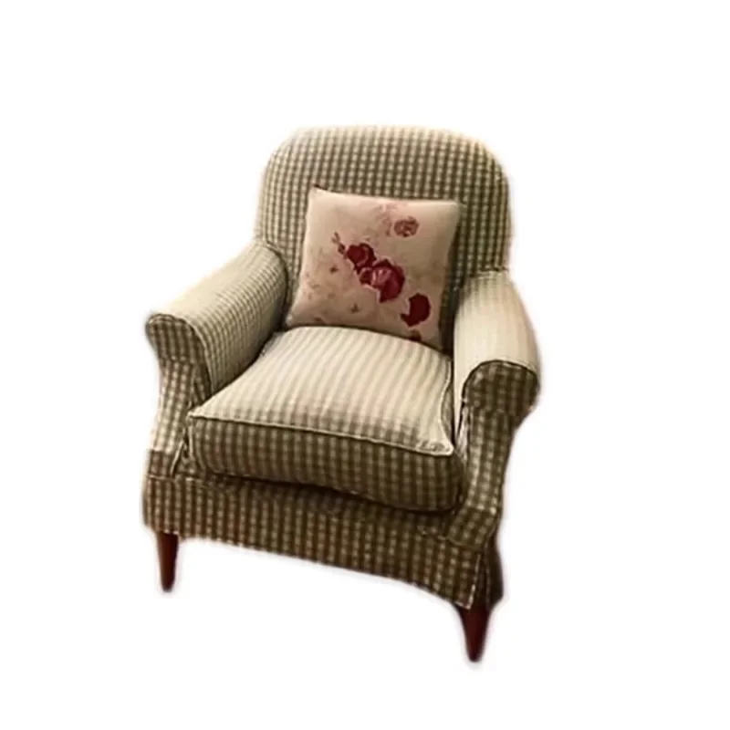 French retro plaid living room single sofa English style villa living room cute American country bedroom leisure chair