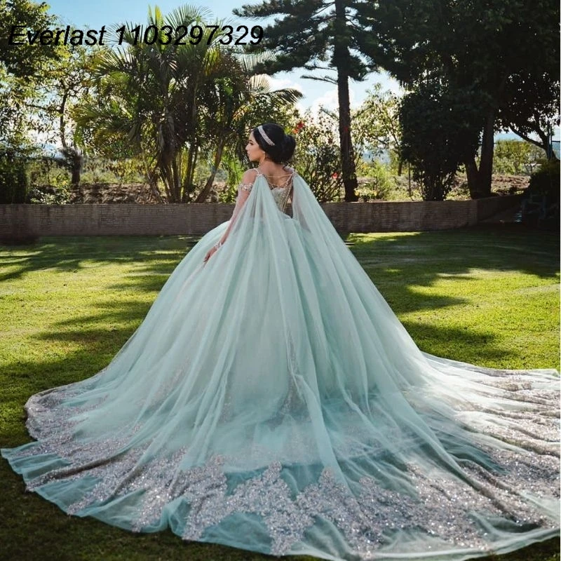 EVLAST Glitter Mint Quinceanera Dress Ball Gown Gold Lace Applique Beaded Crystal con Cape Sweet 16 Vestidos De 15 Anos TQD741