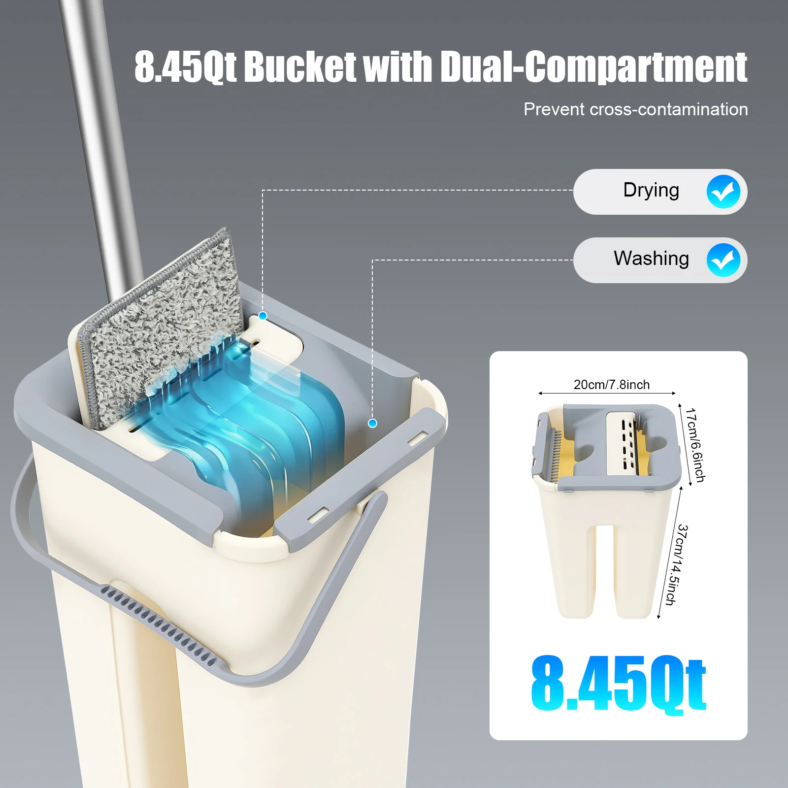 Bodenwischer- und Eimersatz mit 10 wiederverwendbaren Pads, Doppeltank-Eimer zur Trennung von sauberem und schmutzigem Wasser, 360° ° Rotierender Flachmopp für die Haushaltsreinigung (Beige) – Detail 4