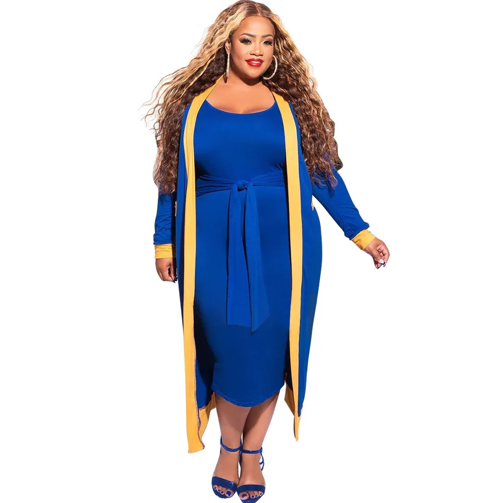 L-4XL 2024 Winter Plus Size Two Piece Sets for Women Clothing Fashion Patchwork Long Sleeve Coats and Belt Dress Suits Wholesale