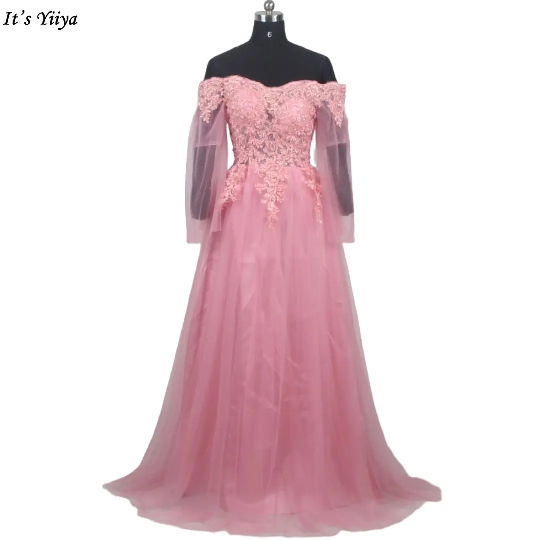 

It's Yiiya Evening Dresses Off the Shoulder Dark Pink Appliques A-line Pleat Floor-length Plus size Women Party Dress ZP029