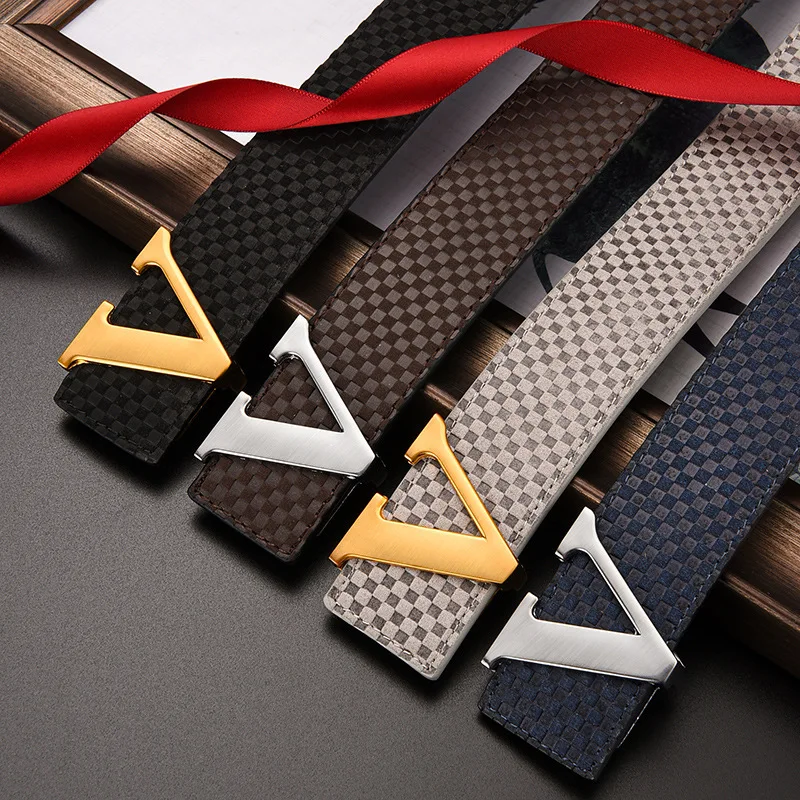 

Men's Belt Casual Business V letter Slide Buckle Fashionable Checkered Plaid Leather Male Belt for Men