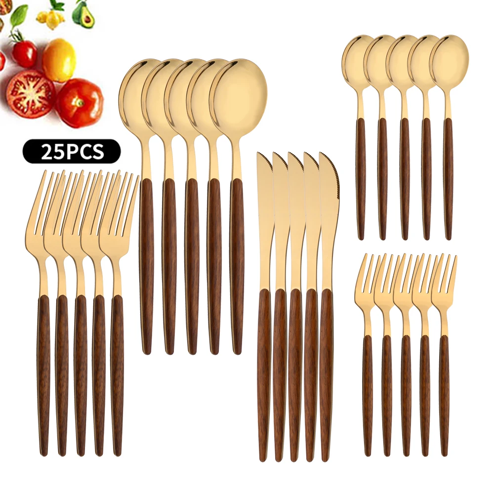 

25 шт., набор столовых приборов с имитацией деревянной ручки из нержавеющей стали, зажим для столовой посуды, западная посуда, нож, вилка, чайная ложка, набор столовых приборов