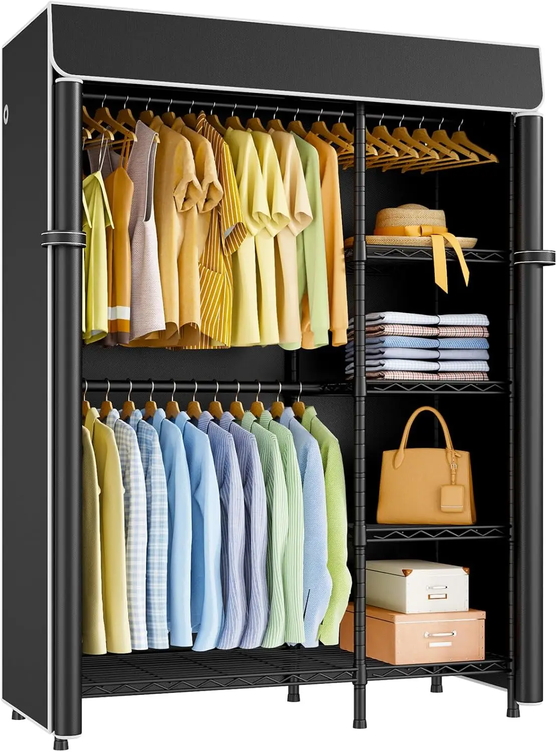 

Прочная вешалка для одежды с чехлом, полками и перекладинами для вешалок, черная, 47,2 дюйма (Ш) x 16,5 дюйма (Г) x 78,3 дюйма (В), выдерживает нагрузку до 630 фунтов.