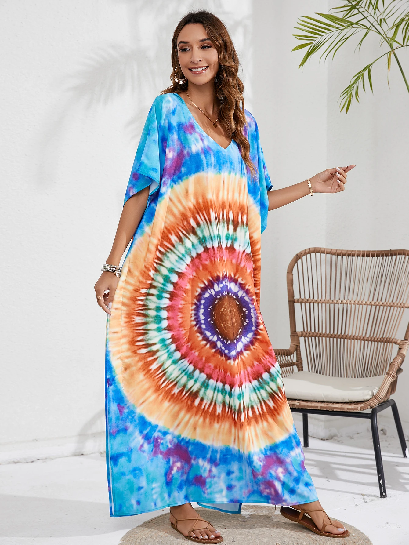 

Women s Boho Cover Up Plus Size Tie Dye Batwing Sleeve V Neck Maxi Kaftan Cover Up Dress