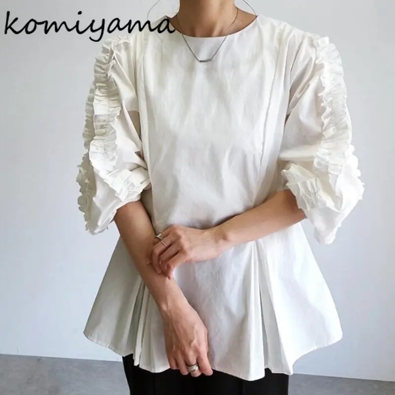 Komiyama Patchwork Fungus Shirts Blouses O Neck Tunic Blusas Mujer Japanese Ol Shirt Tops 2024 Summer New Clothes Women