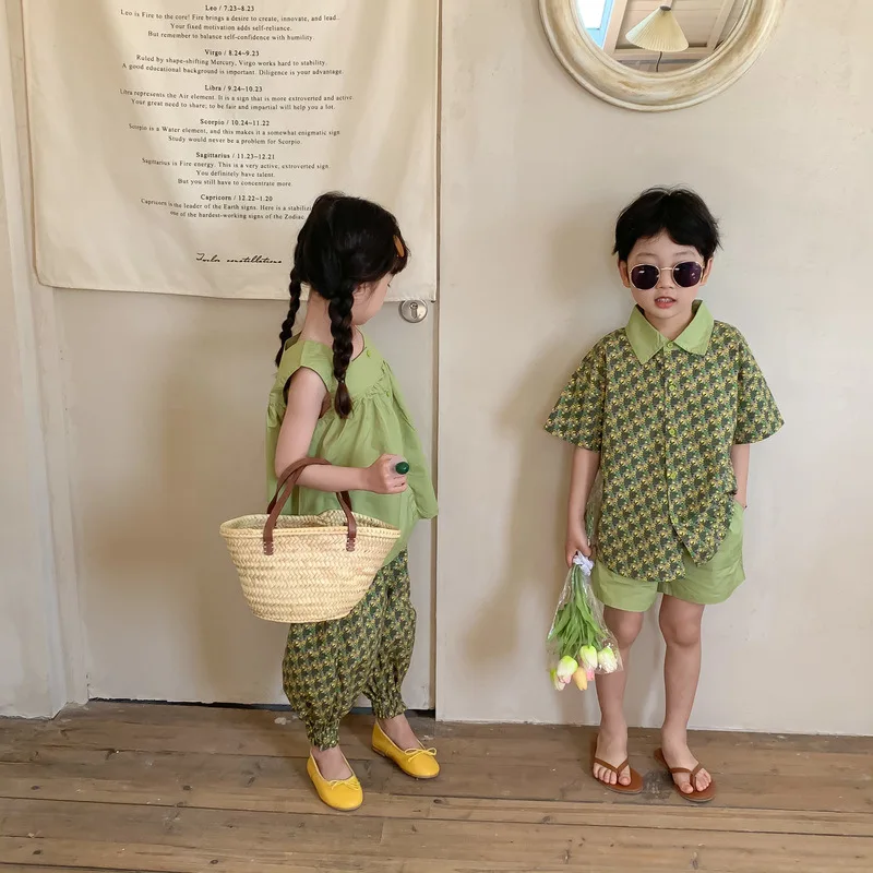 2024 Summer Boy Girl Matching Clothes Brother Sister Floral Short Sleeve Shorts 2pcs Suit Twins Siblings Outfits Children Sets