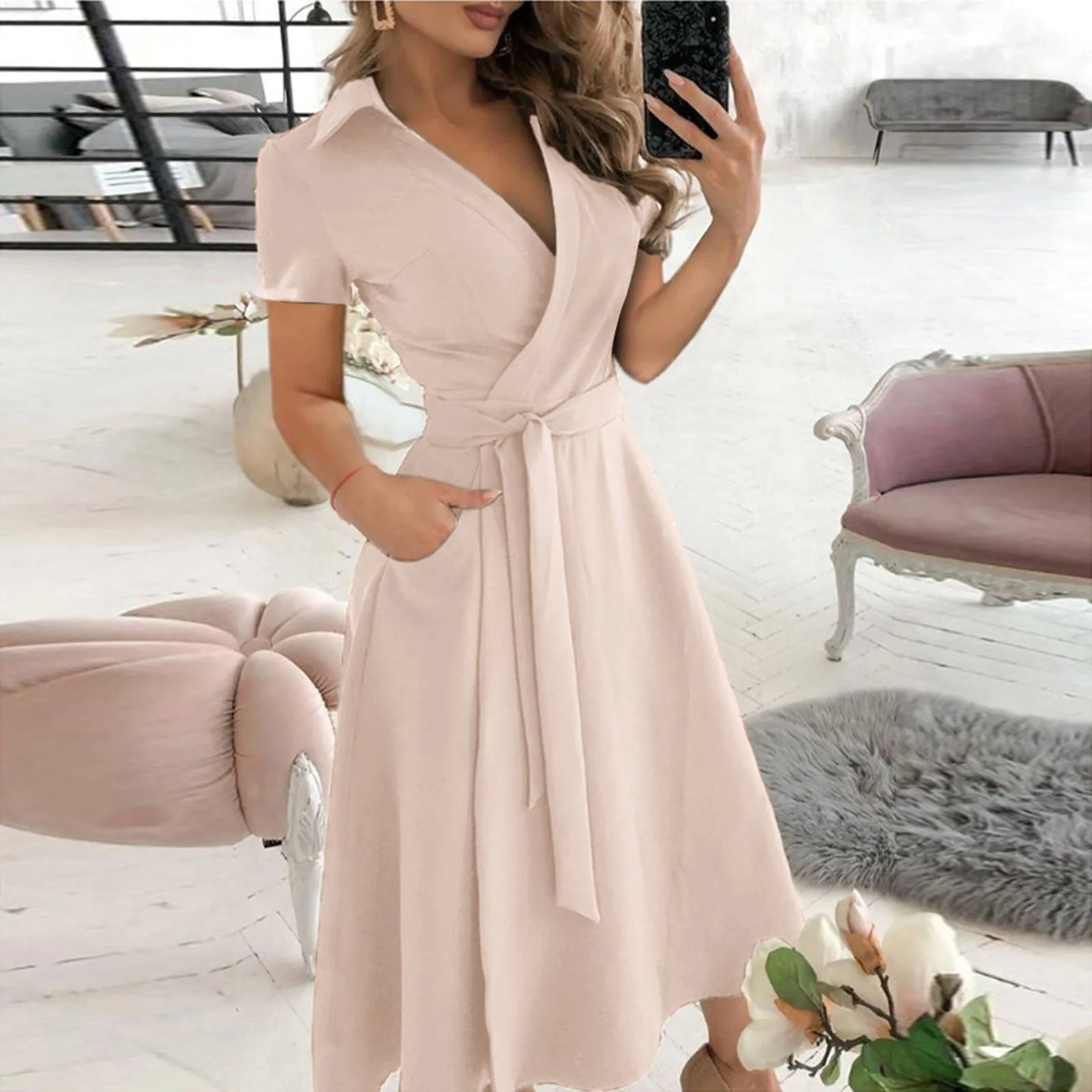 Women\'s Fashionable Solid Color V-neck Short Sleeved Lace Up Slim Fit Wrap Buttocks Dress Lapel Mid Length Elegant Dresses