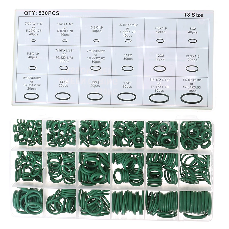 530Pcs/pack Household Seal O-ring R134a Repair Car Air Conditioning Rubber Sealant Box Set Green Hardware DIY Tools