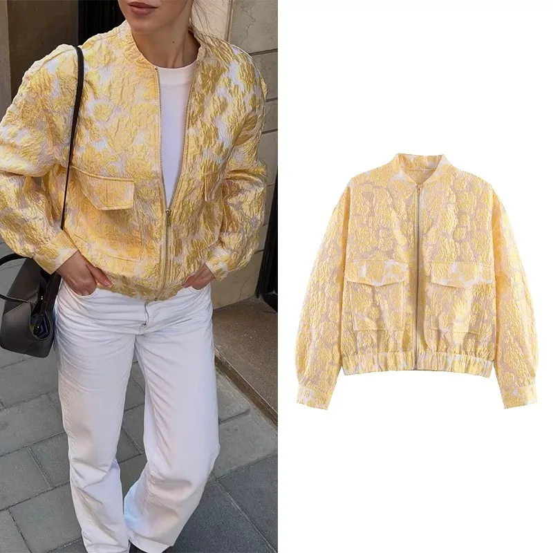 

Women's Jacquard Jacket New 2026 Spring Fashion O Neck Long Sleeve Pocket Pleated Hem Women Coat Female Chic Tops