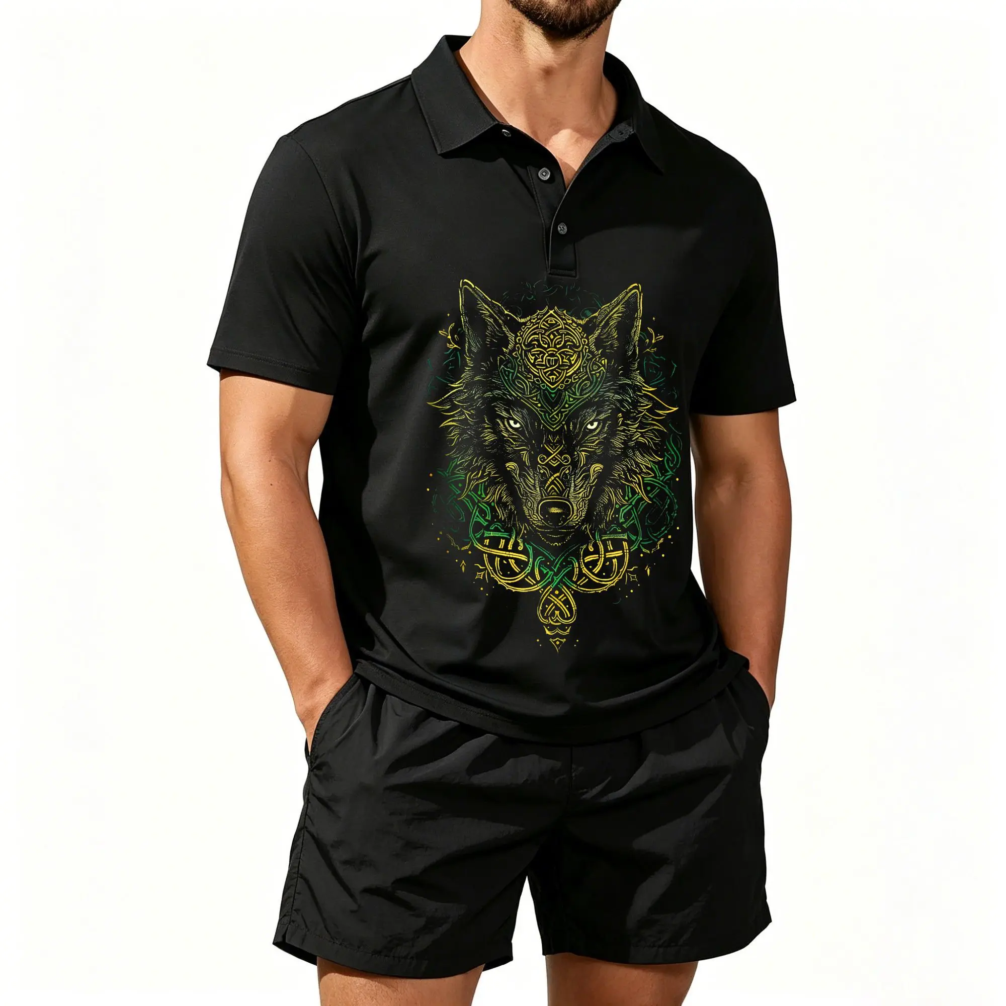 Conjunto de Dos Piezas de Camiseta Polo y Pantalones Cortos de Playa para Hombre, Patrón de Nudos Celticos en Dorado y Plateado, Estampado Retro de Lobo Salvaje, Casual y Versátil, Cómodo de Usar, Corte Ajustado