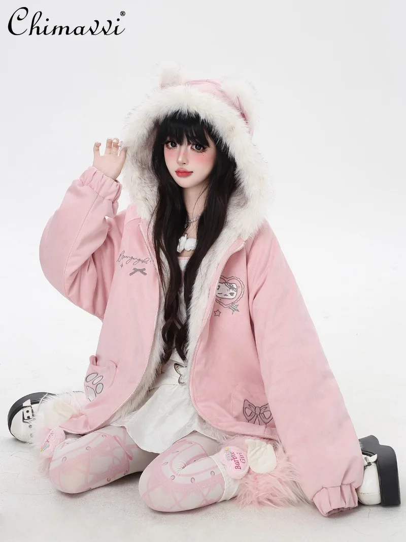 النمط الياباني أفخم القط الأذن مقنعين فضفاضة الدافئة الجلد المدبوغ سترة قطن المرأة شتاء جديد الحلو فتاة باردة معطف طويل الأكمام