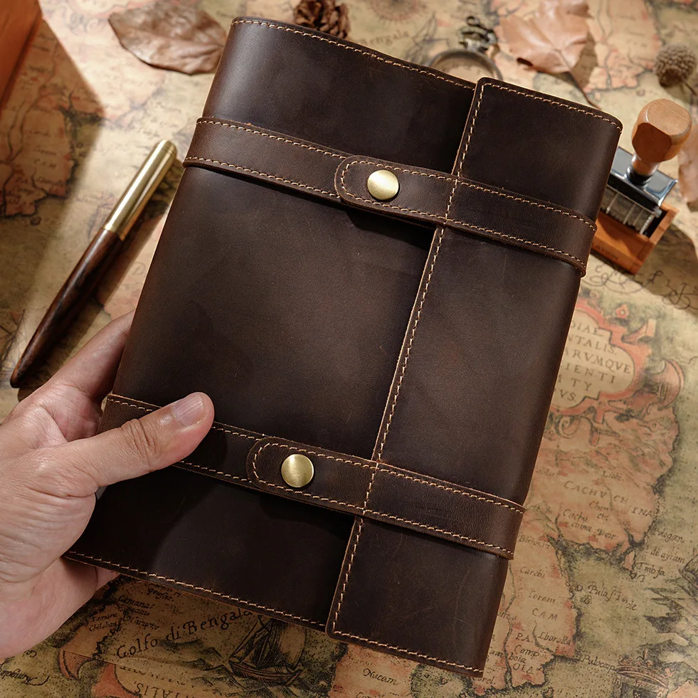 A5 Leather Notebook Handmade Journal Vintage Diary Gift Refillable Note Book Genuine Leather DIY Travel Planner Button Design