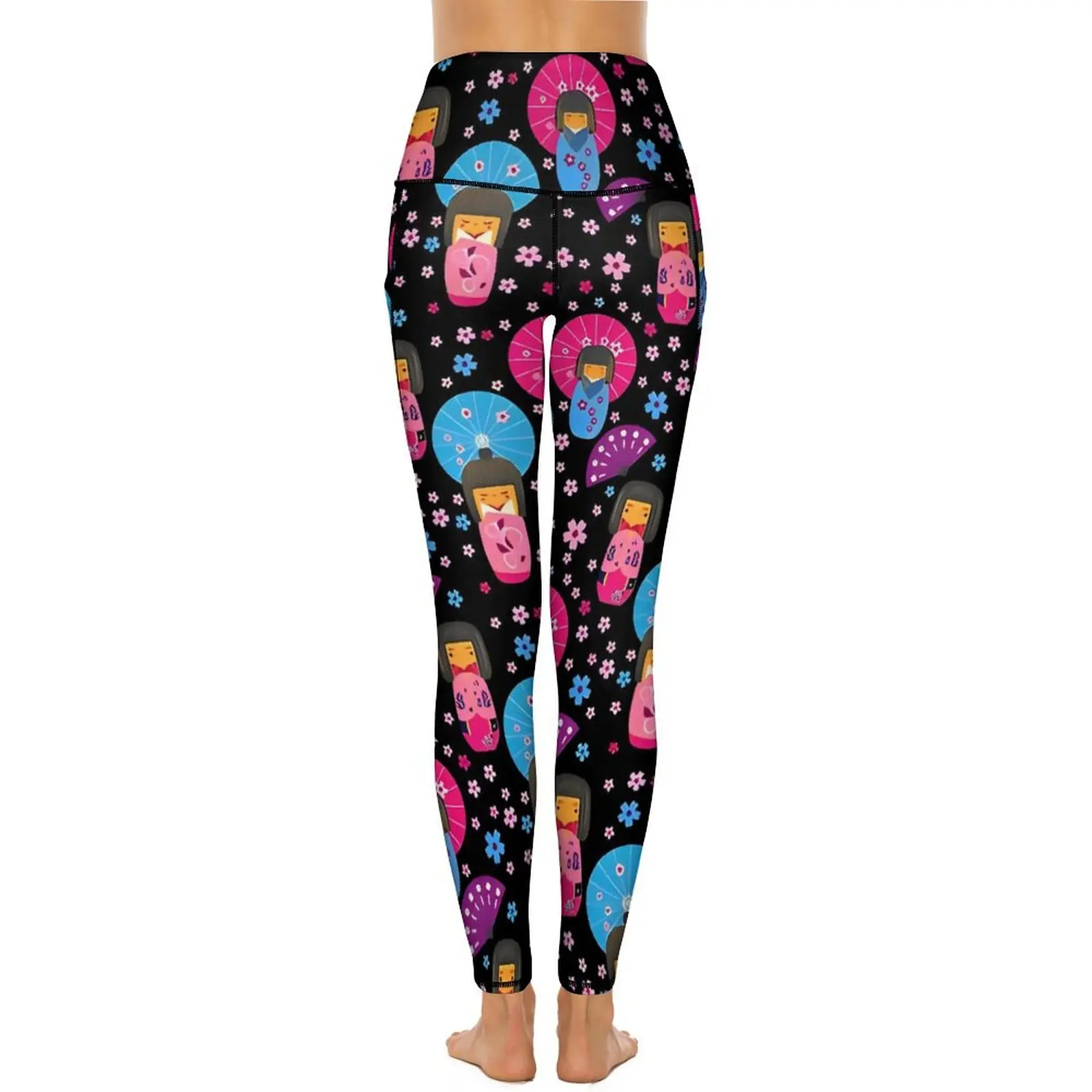 Japanese Dolls Leggings Kokeshi Pattern Workout Yoga Pants Push Up Casual Leggins Stretchy Custom Sports Tights Gift