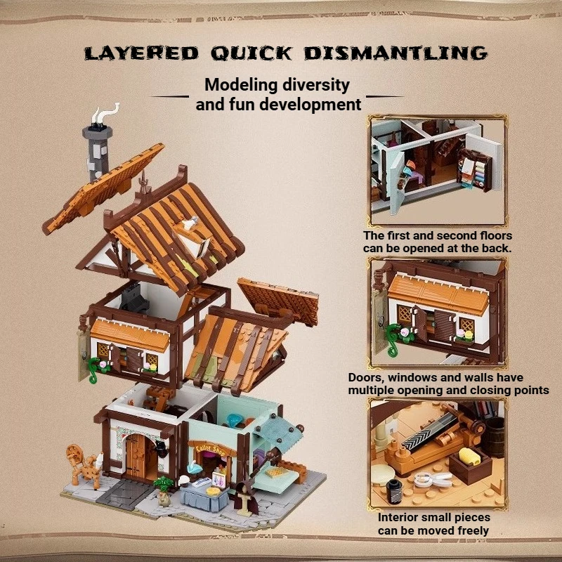 2025 Nowa Średniowieczna Seria Warsztat Szewski Sklep Montaż Oświetlenie Klocki Model Drewniany Dom Dekoracja Zabawki Prezent Urodzinowy