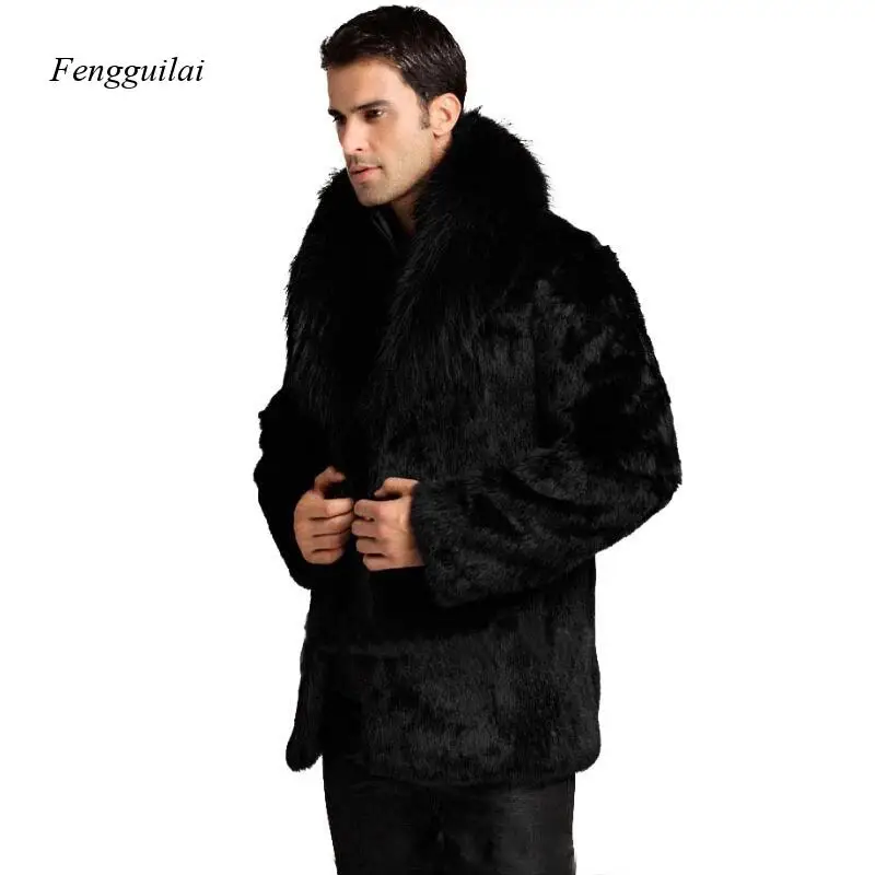 Autumn and Winter Men\'s Fashion Slim Fit Imitation Fur Collar Fur Coat Black Luxury Coat Men