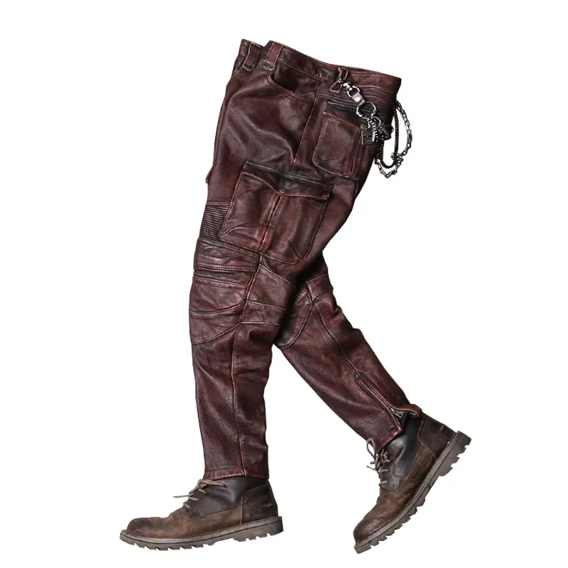 Red Brown Winter Leather Trousers Men Vintage Style Plus Size 4XL Genuine Natural Cowhide Add Protection Device Motorcycle Pants