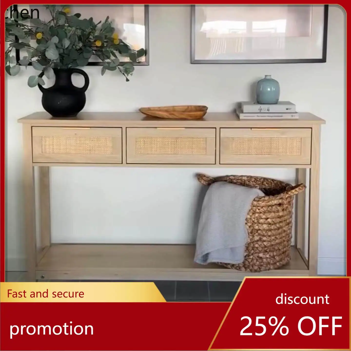 

CZ Solid Wood with Rattan Weave, Three-Drawer Storage Cabinet, Living Room Hallway Decorative Cabinet, Sofa Side Table