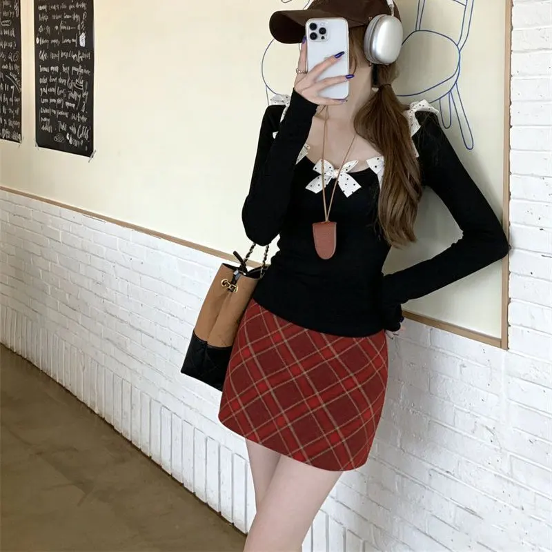 

Sweet Fashionable Polka Dot Bow T-shirts Women's Clothing Long Sleeve Spring Autumn Basic Casual Round Neck Aura Slim Pullovers