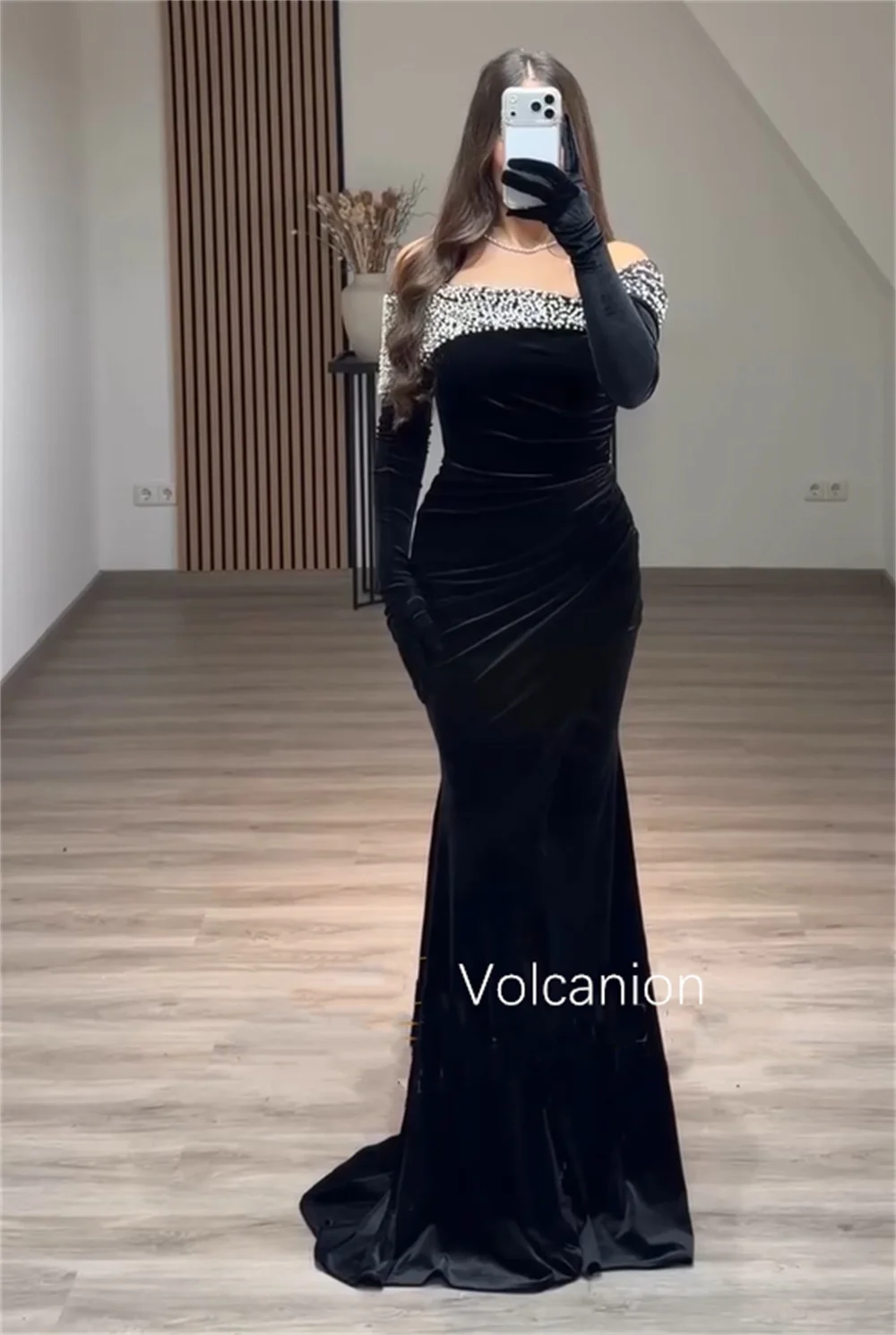 Customized Formal Velour Sequined Pleat Trumpet Off-the-shoulder Long Dresses Quinceanera Bespoke Occasion Fashion