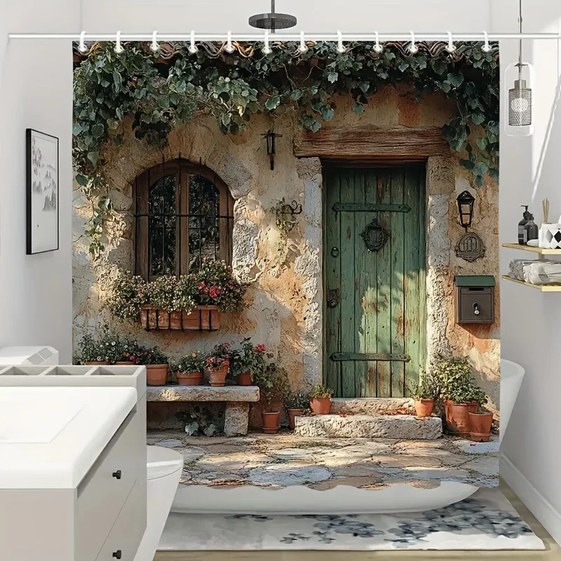 1pc Mediterranean Style Shower Curtain, Featuring a Stone Wall Surrounded by Greenery And a Vintage Green Wooden Door, Washable,