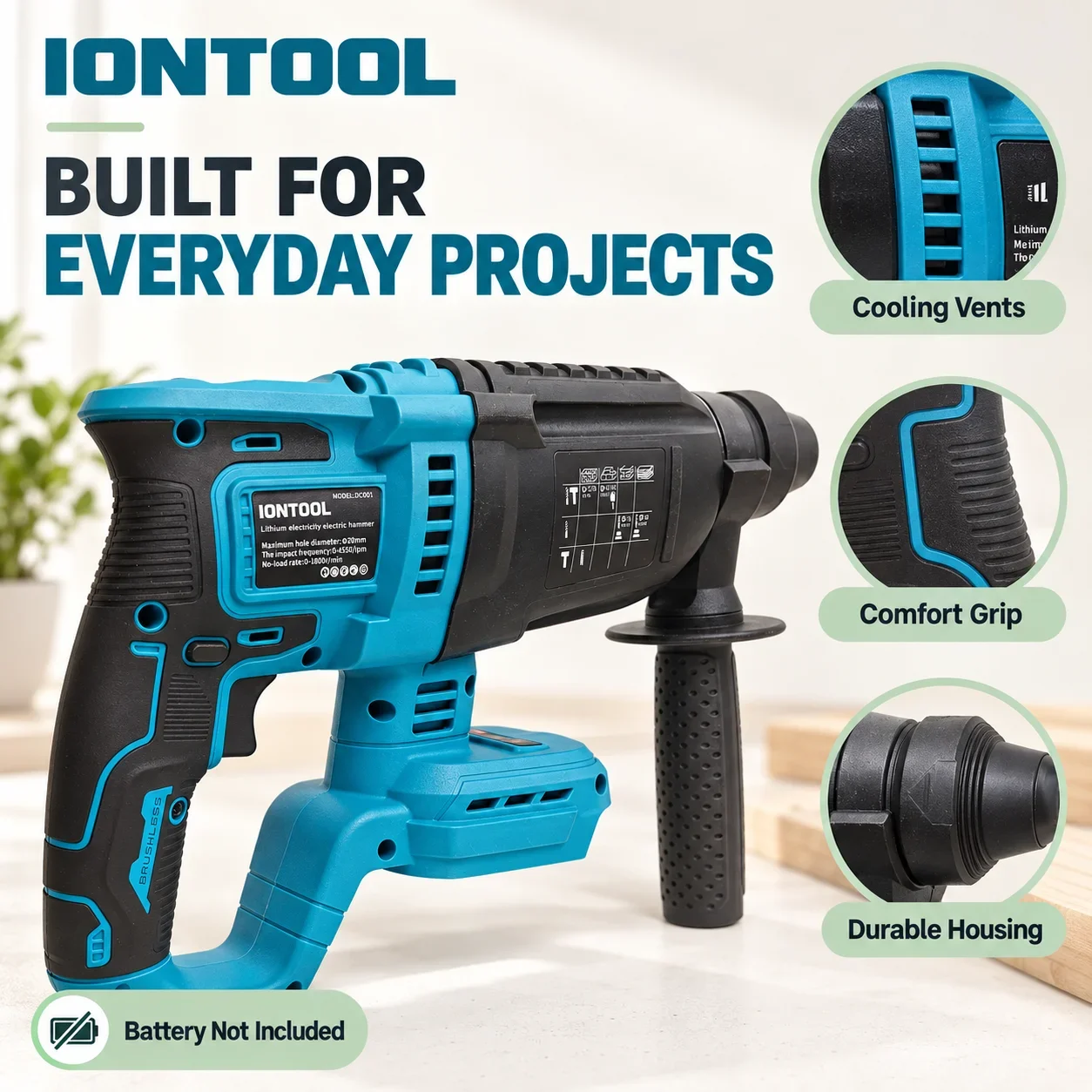 IONTOOL Cordless Rotary Hammer 26mm 1800RPM 4550BPM for DIY Enthusiasts Home Mechanics and Concrete Wall Drilling Projects Tool