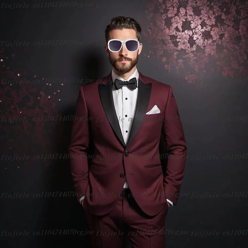 

Black Collar Burgundy Men Suit Formal Wedding Party Groom Groomsman Prom Male Tuxedos Customize 2 Piece Set Jacket Pants