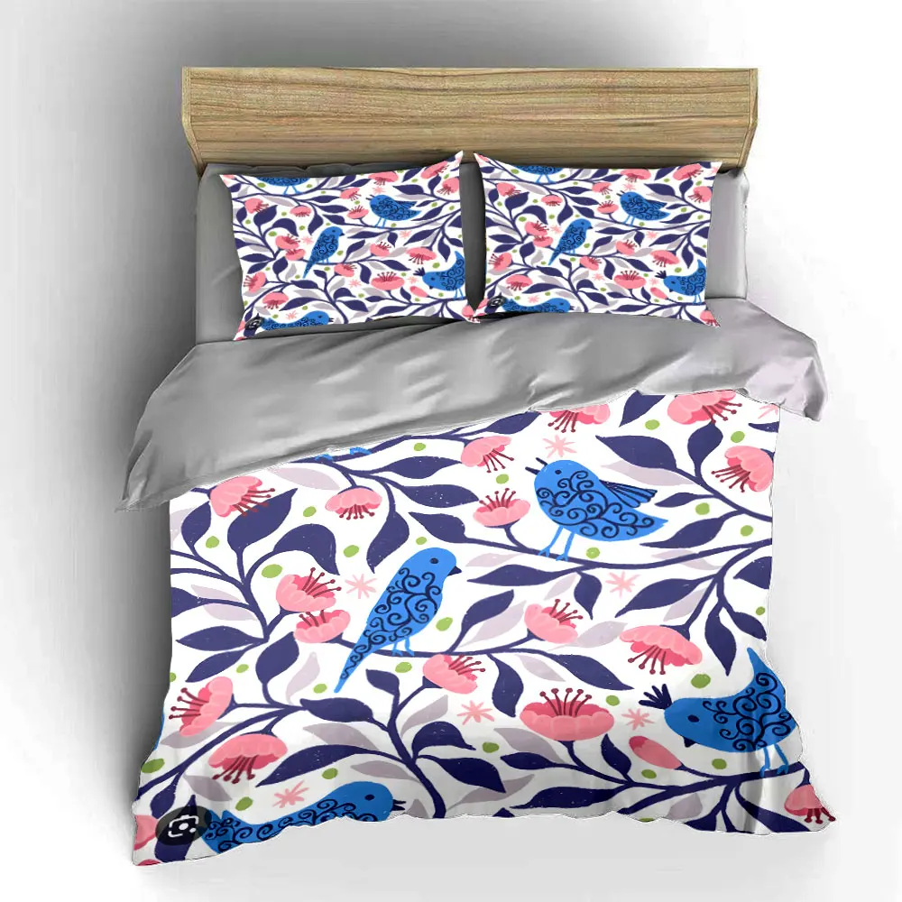 Blue birds and pink flowers Pattern Duvet Cover Set Digital Print Colorful Polyester Bedding with Zipper Closur for kids gifts 5