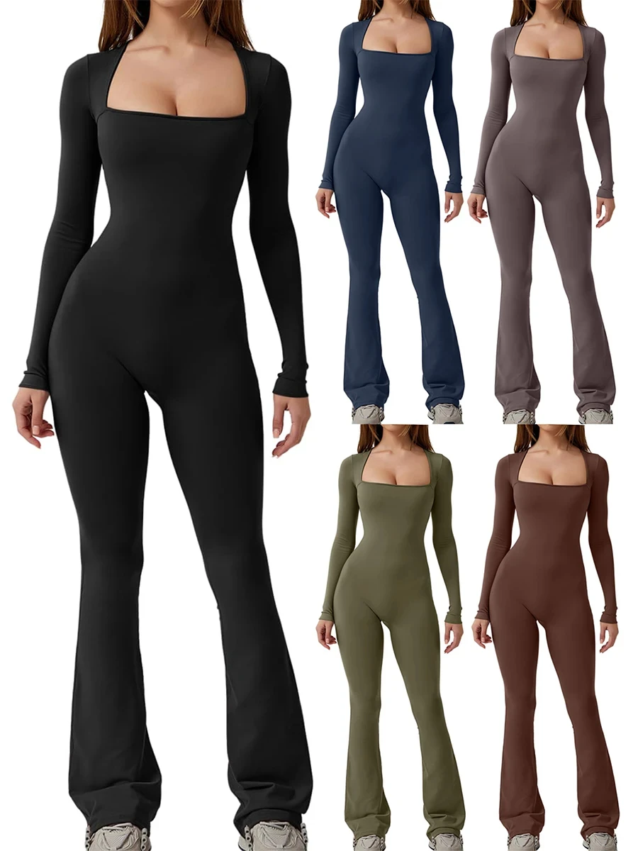 

Women Sexy Cutout Jumpsuits Long Sleeve Square Neck See Through Romper Fashin Solid Mesh Overalls