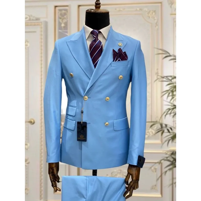 Light Blue Double Breasted Men Suits Slim Fit Wedding Tuxedos Two Pieces Best Man Groom Business Party Prom Costume Blazer+Pants