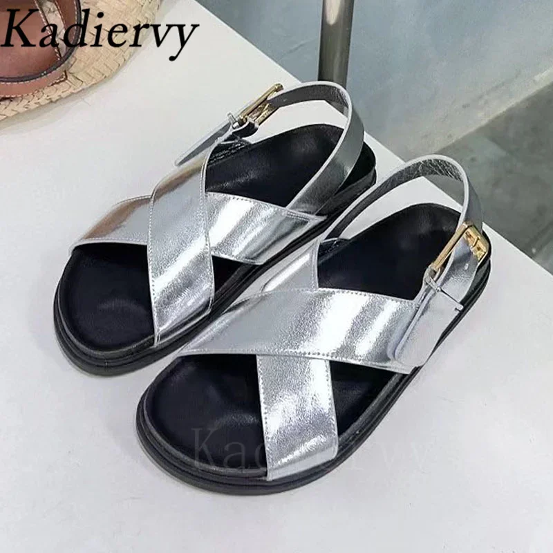 New Flat Sandals Woman Genuine Leather Cross Strap Holiday Beach Shoes Woman Thick Sole Roman Sandals Women Sandalias Mujer