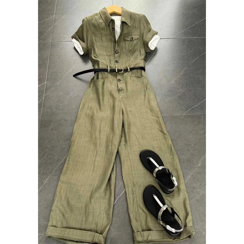 

2025 Women's New Stitched Pullover POLO Collar Button Pocket Fashion Solid Color Versatile Casual Jumpsuits