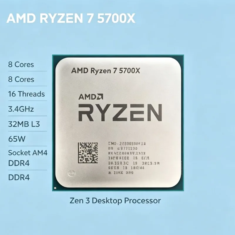65W TDP AM4 CPU AMD Ryzen 7 5700X 8‑Core 16‑Thread 3.4GHz 32MB L3 Cache DDR4 Zen3 No Heatsink