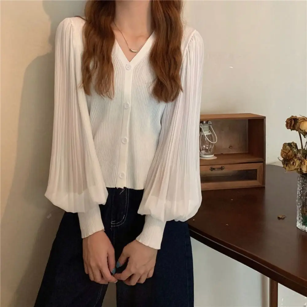 

Comfortable Elegant Long Sleeved Chiffon Shirt Sweet Thin Puff Sleeve Cardigan Blouse V Neck Knitted Top Women Daily