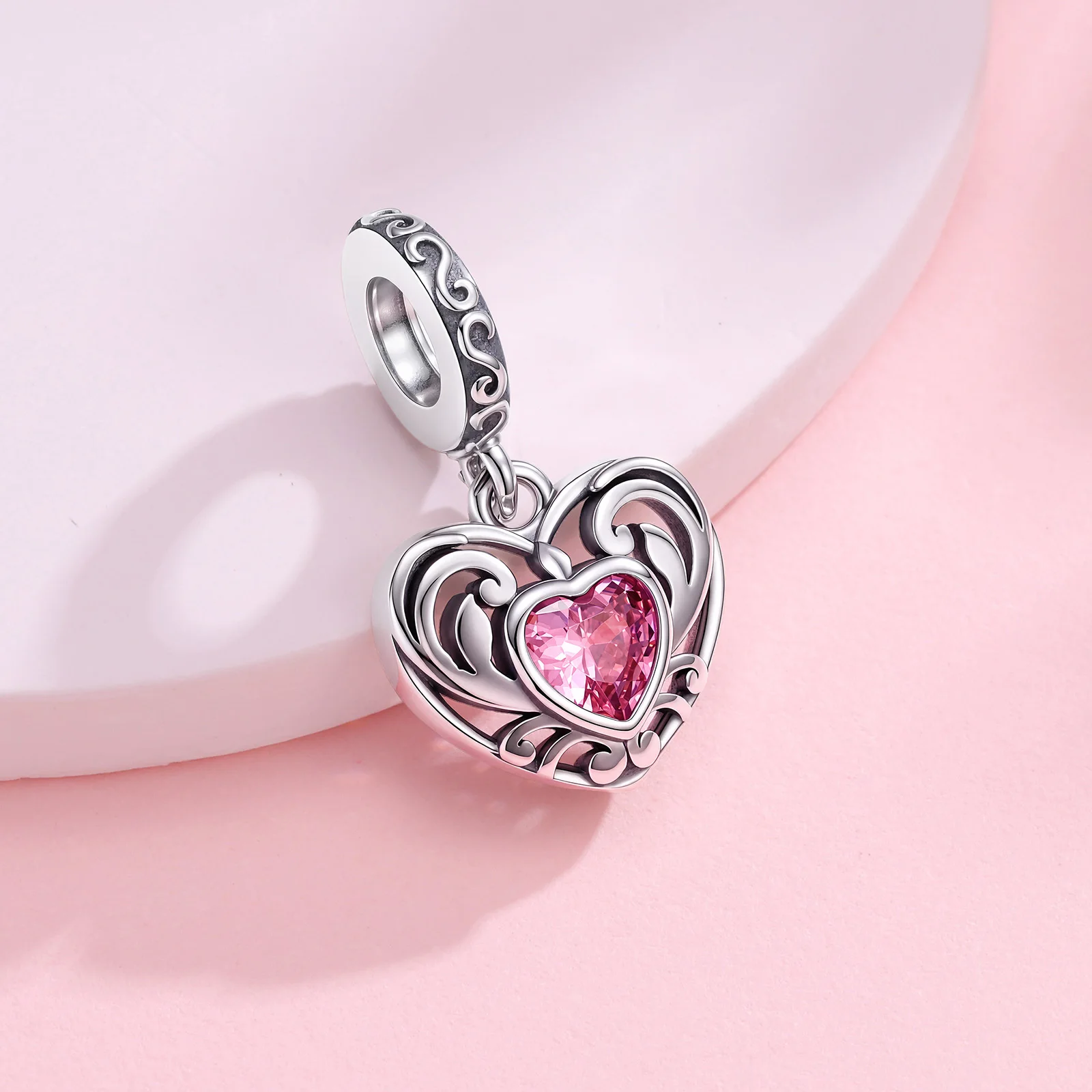 New 925 Sterling Silver Vintage Vine Pink Heart Pendant Original Charm For Women DIY Bracelet Necklace Making Trending Gift
