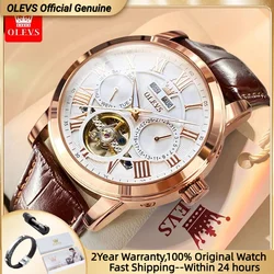 OLEVS Luxury Watch Mens Chronograph Automatic Mechanical Watches Leather Band Waterproof Moon Phase Wristwatch 2023 Top Brand
