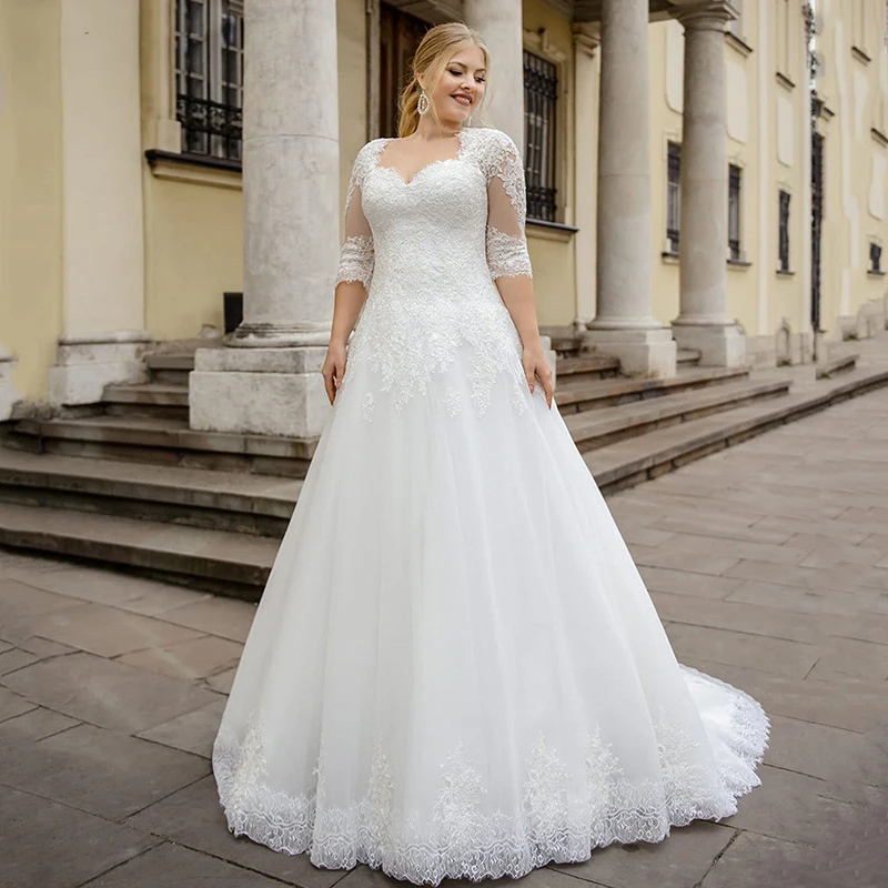 Abito da sposa in Tulle taglie forti A-Line con mezze maniche Appliques in pizzo abito da sposa con lacci sul retro su misura