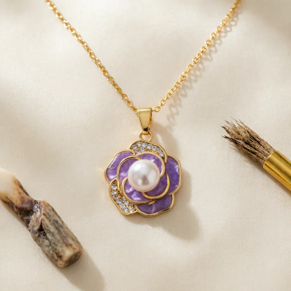 JY ZuBo Purple Oil Drop Camellia Pearl Necklace Women,Floral Freshwater Pearl Pendant,Gift Birthday Valentine's Day Anniversary