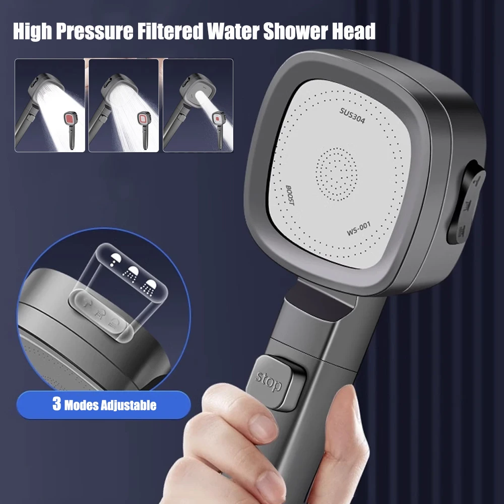 Three Modes Filtered Shower Head High Pressure Spray Nozzles One Key Stop Water Saving Handheld Showerhead Bathroom Accessories