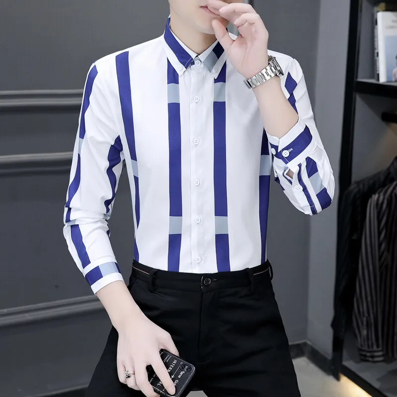 

Новая мужская рубашка весна 2025: универсальная, с широкими полосами, длинным рукавом, приталенная, с воротником в китайском стиле