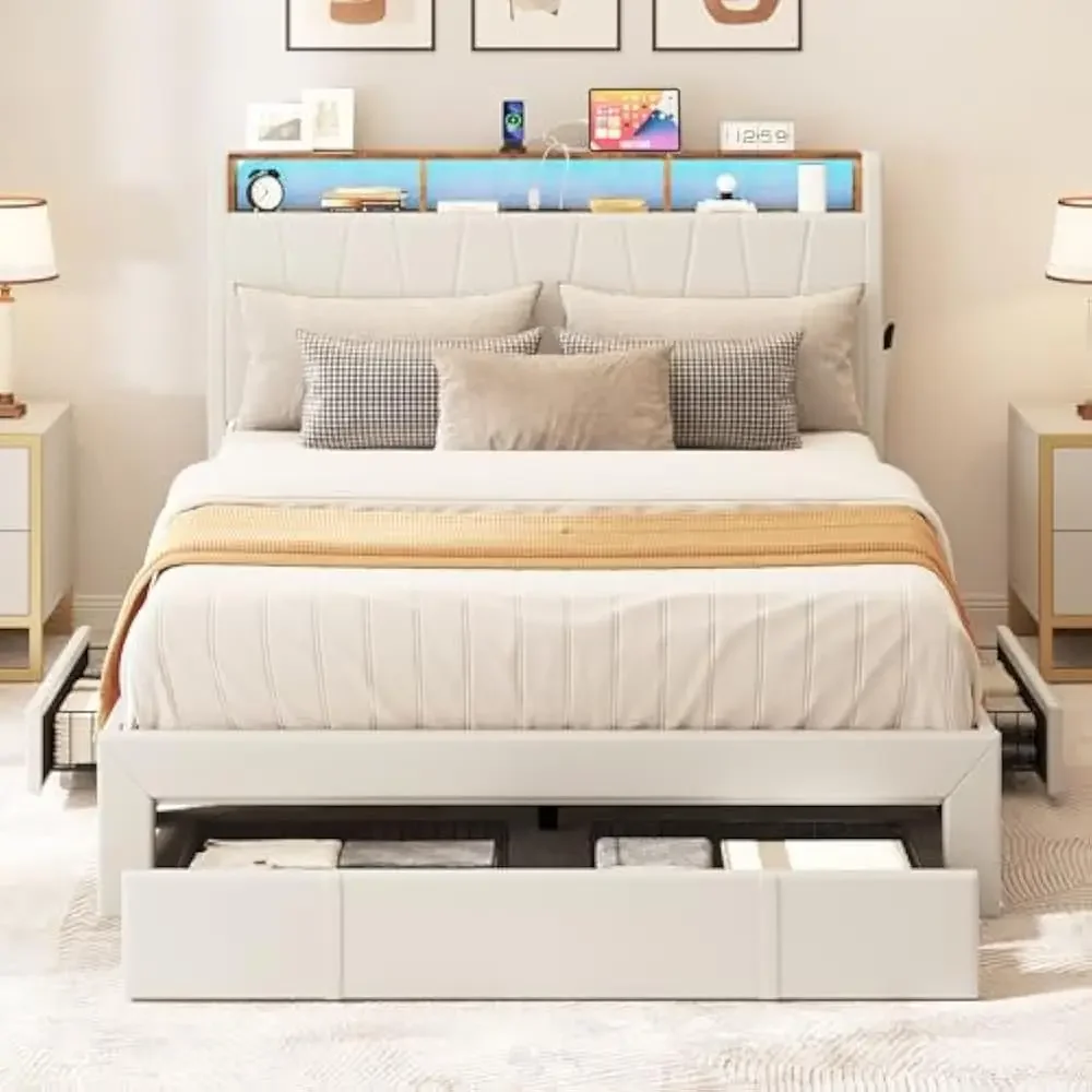 

LED Queen Size Bed Frame, Storage Bed Frame w/4 Drawers, Platform & Storage Headboard & Charging Station, No Box Spring Needed