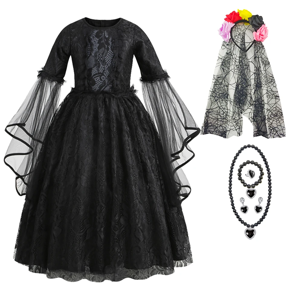 

Children Halloween Ghost Bride Cosplay Costume Kids Maleficent Cosplay Dress Girls Evil Witch Dress Up Outfits Elegant Gown