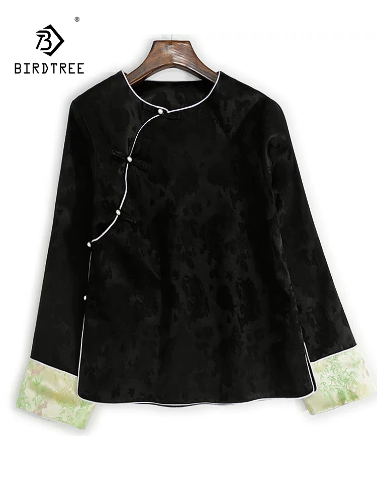 قميص BirdTree-35% حرير 65% صوف أنيق، جاكار نسائي برقبة دائرية، بلوزة فضفاضة مرقعة للتنقل الرجعية، خريف 2025 جديد T5O832CC #1