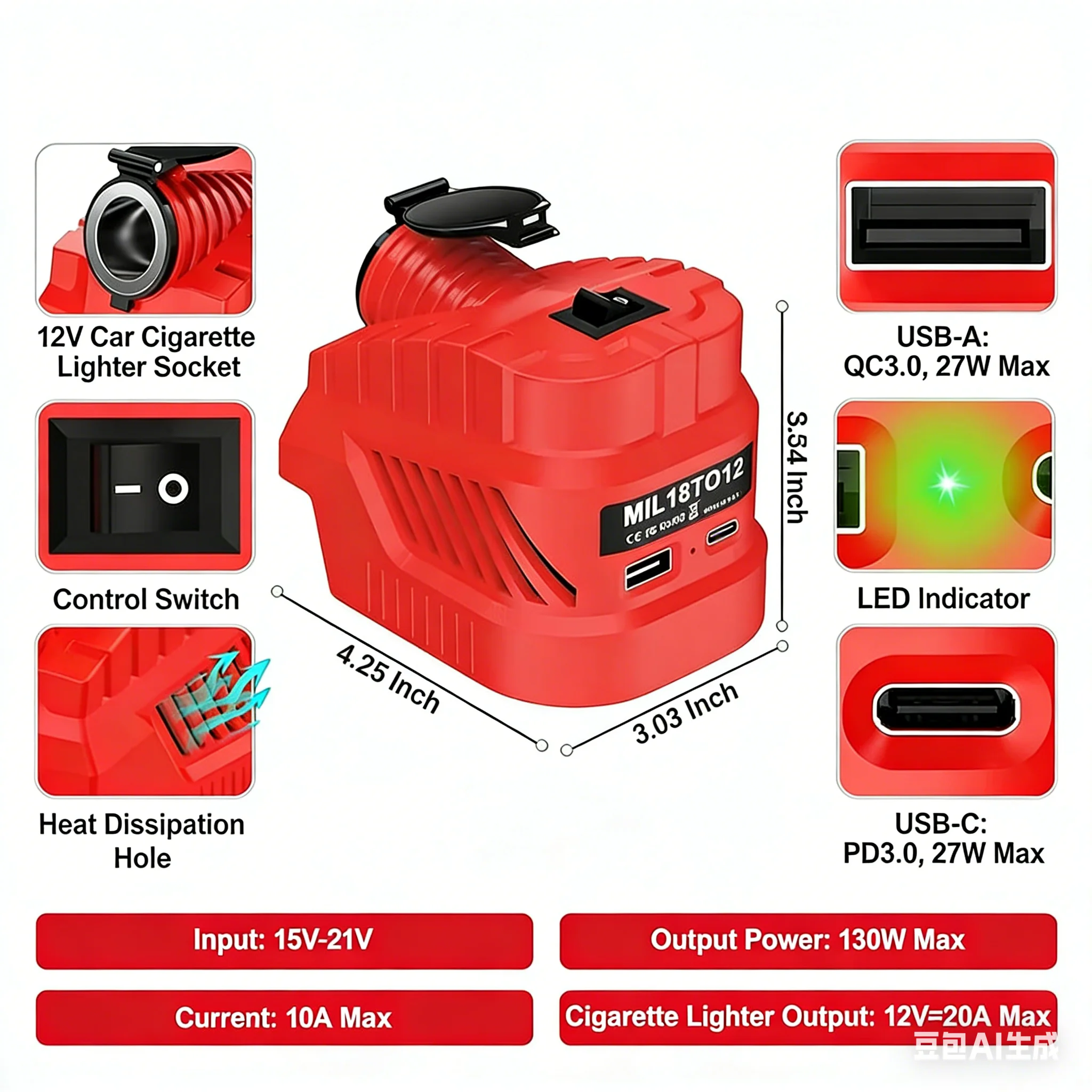 

Step Down Converter for Milwaukee 18V to 12V Power 240W Car Cigarette Lighter Socket for Vehicle Devices USB Port USB C Type C