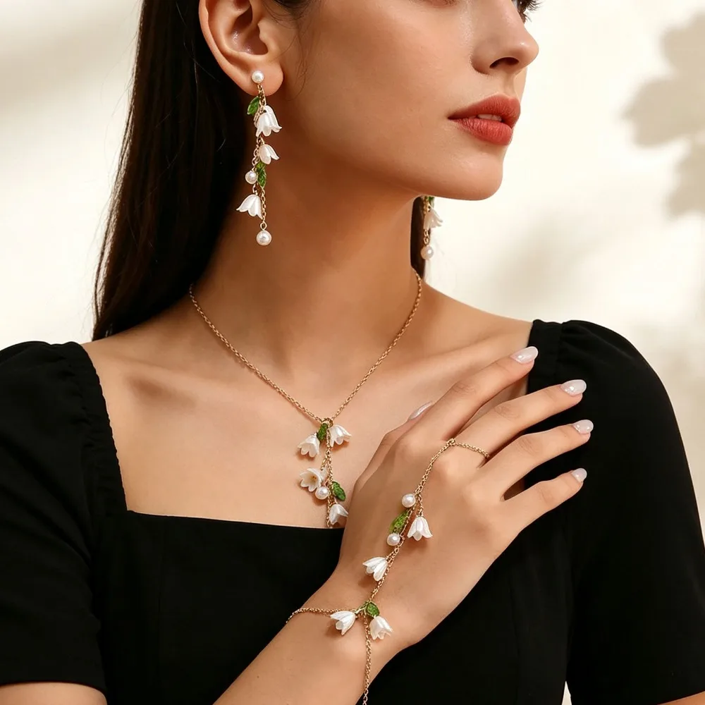 White Lily Of The Valley Jewelry Set Necklace Bracelet Stud Earrings Super Fairy Floral Accessory Gift For Girls